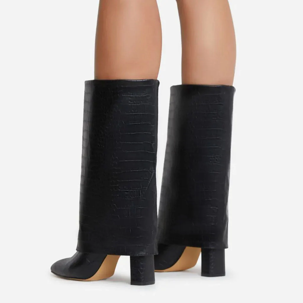 Chic Croc Effect Foldover Mid-Calf Pointed Toe Block Heel Boots - Black - Image 2