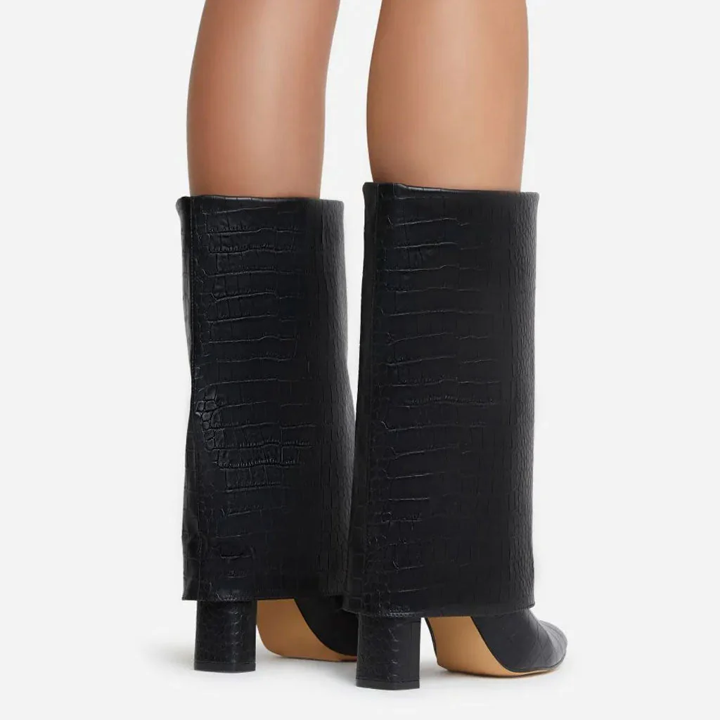 Chic Croc Effect Foldover Mid-Calf Pointed Toe Block Heel Boots - Black - Image 3