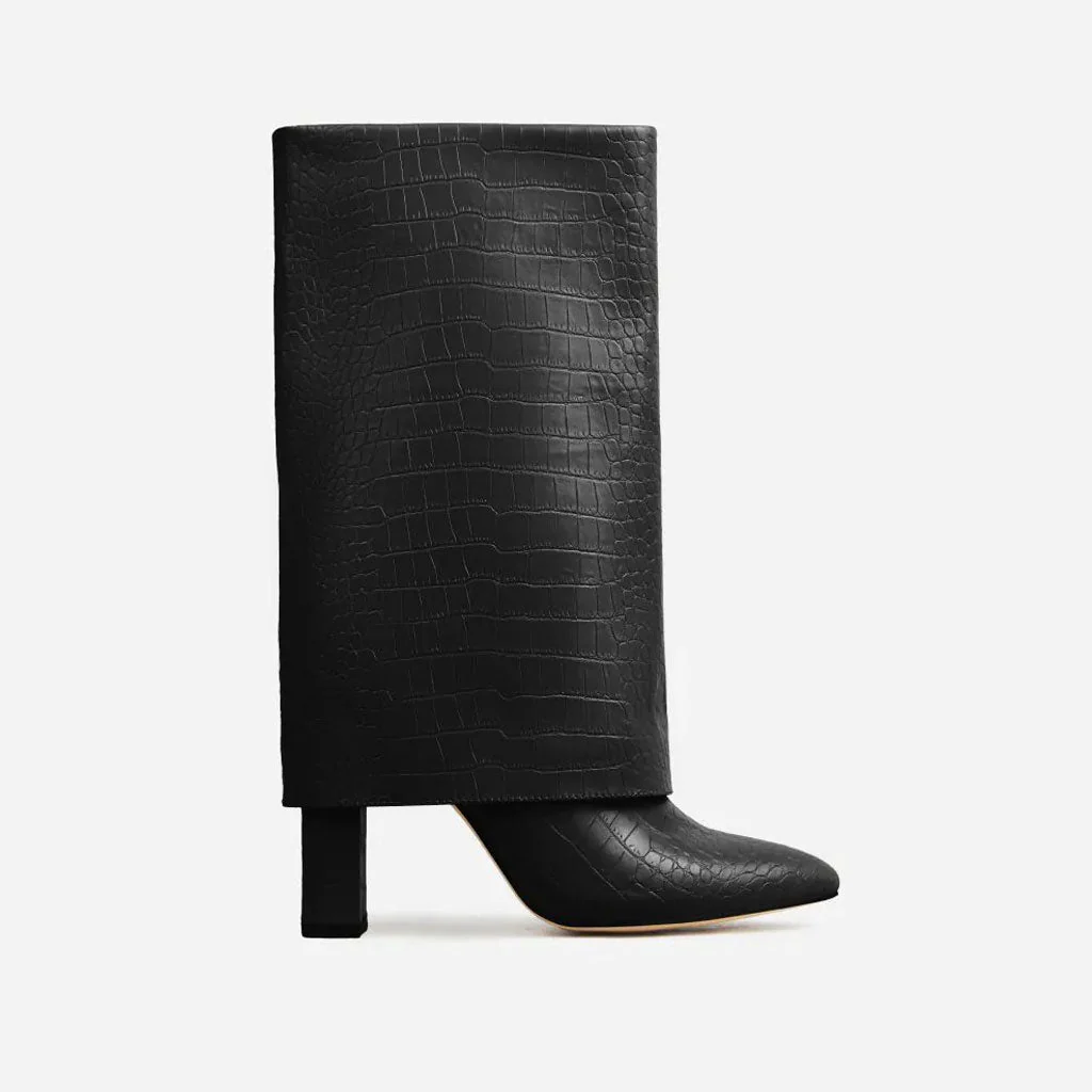 Chic Croc Effect Foldover Mid-Calf Pointed Toe Block Heel Boots - Black - Image 4
