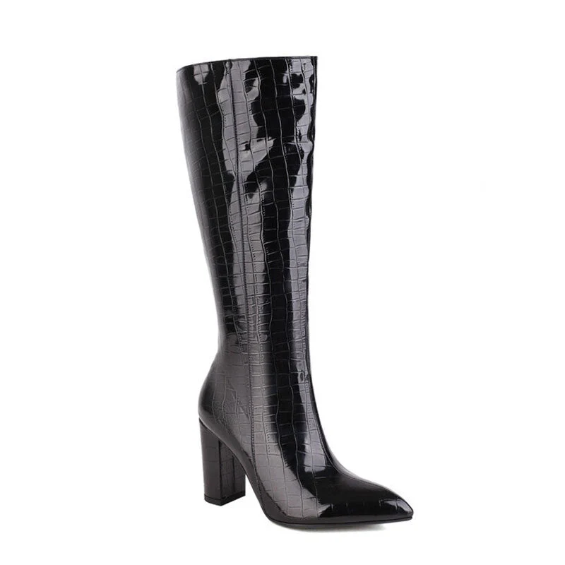 Chic Croc Effect Pointed Toe Chunky Heel Knee High Boots - Black - Image 2