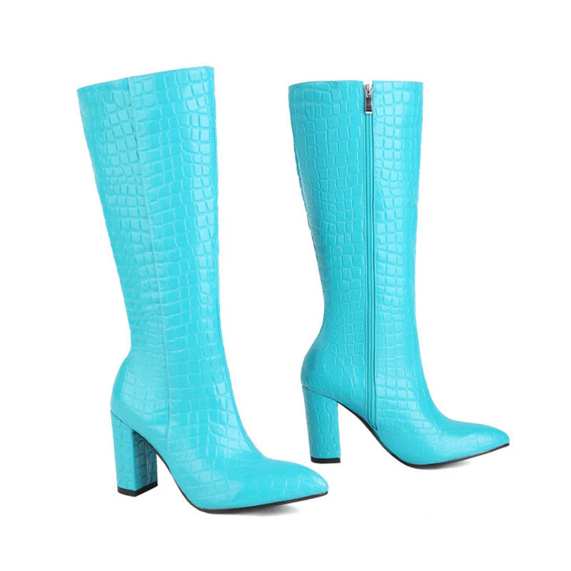 Chic Croc Effect Pointed Toe Chunky Heel Knee High Boots - Turquoise - Image 3
