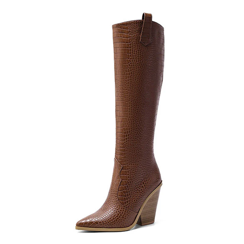 Chic Croc Effect Pointed Toe Knee High Cuban Heel Boots - Brown - Image 2