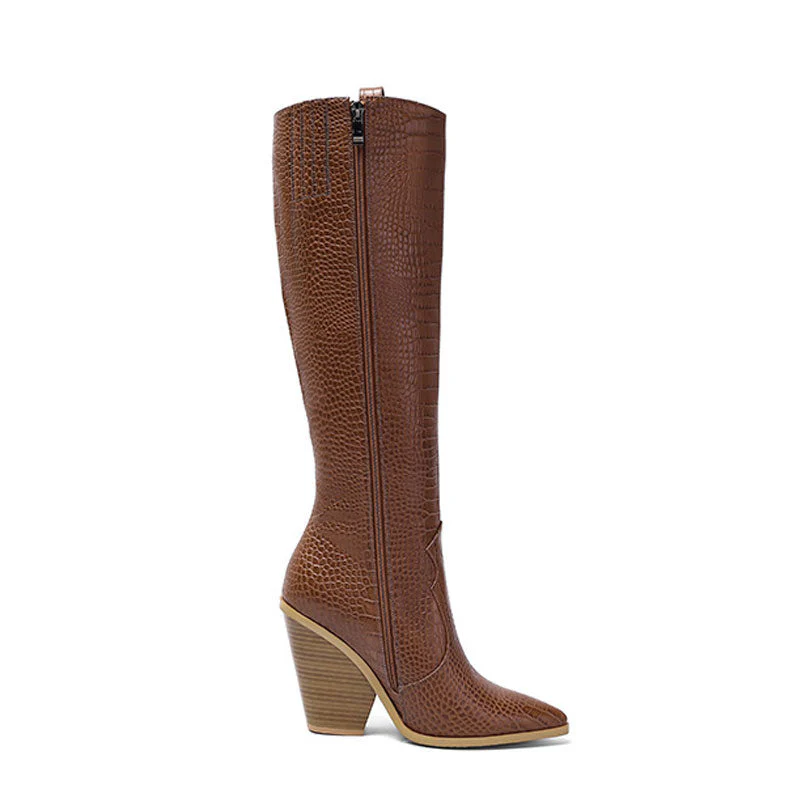 Chic Croc Effect Pointed Toe Knee High Cuban Heel Boots - Brown - Image 3