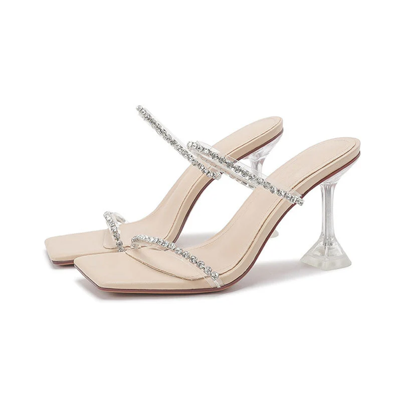 Chic Crystal Embellished Clear PVC Square Toe Martini Heel Mules - Apricot - Image 2