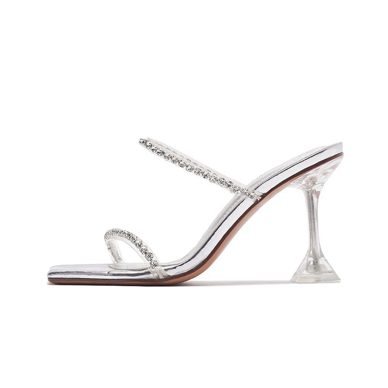 Chic Crystal Embellished Clear PVC Square Toe Martini Heel Mules - Silver - Image 3