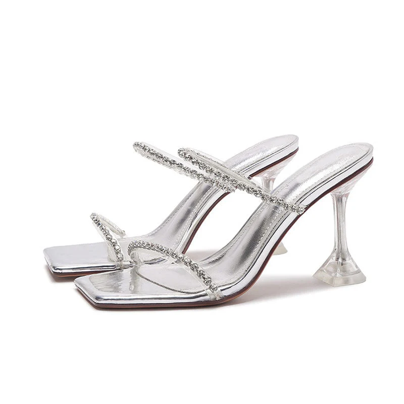 Chic Crystal Embellished Clear PVC Square Toe Martini Heel Mules - Silver - Image 4