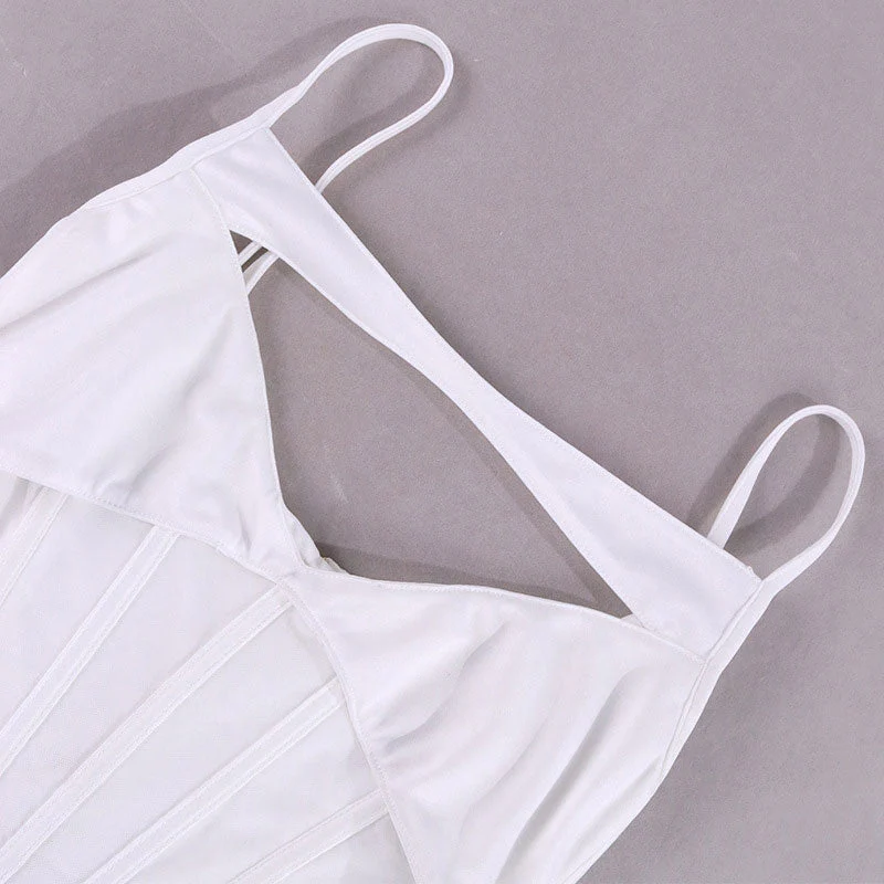 Chic Cut Out Mesh Trim Sleeveless Curved Hem Crop Corset Top - White - Image 3