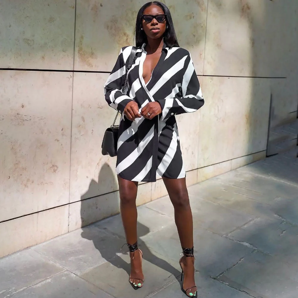 Chic Diagonal Stripe Print Shoulder Pad Deep V Collared Wrap Mini Dress - Black - Image 2