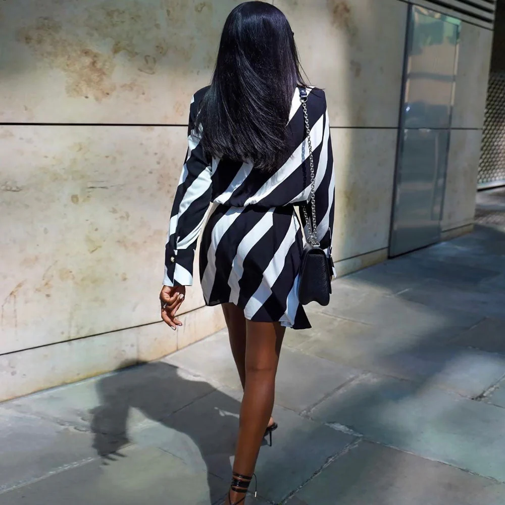 Chic Diagonal Stripe Print Shoulder Pad Deep V Collared Wrap Mini Dress - Black - Image 3