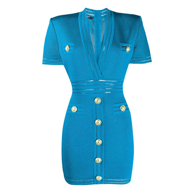 Chic Embossed Button Deep V Shoulder Pad Short Sleeve Textured Knit Mini Dress - Image 2