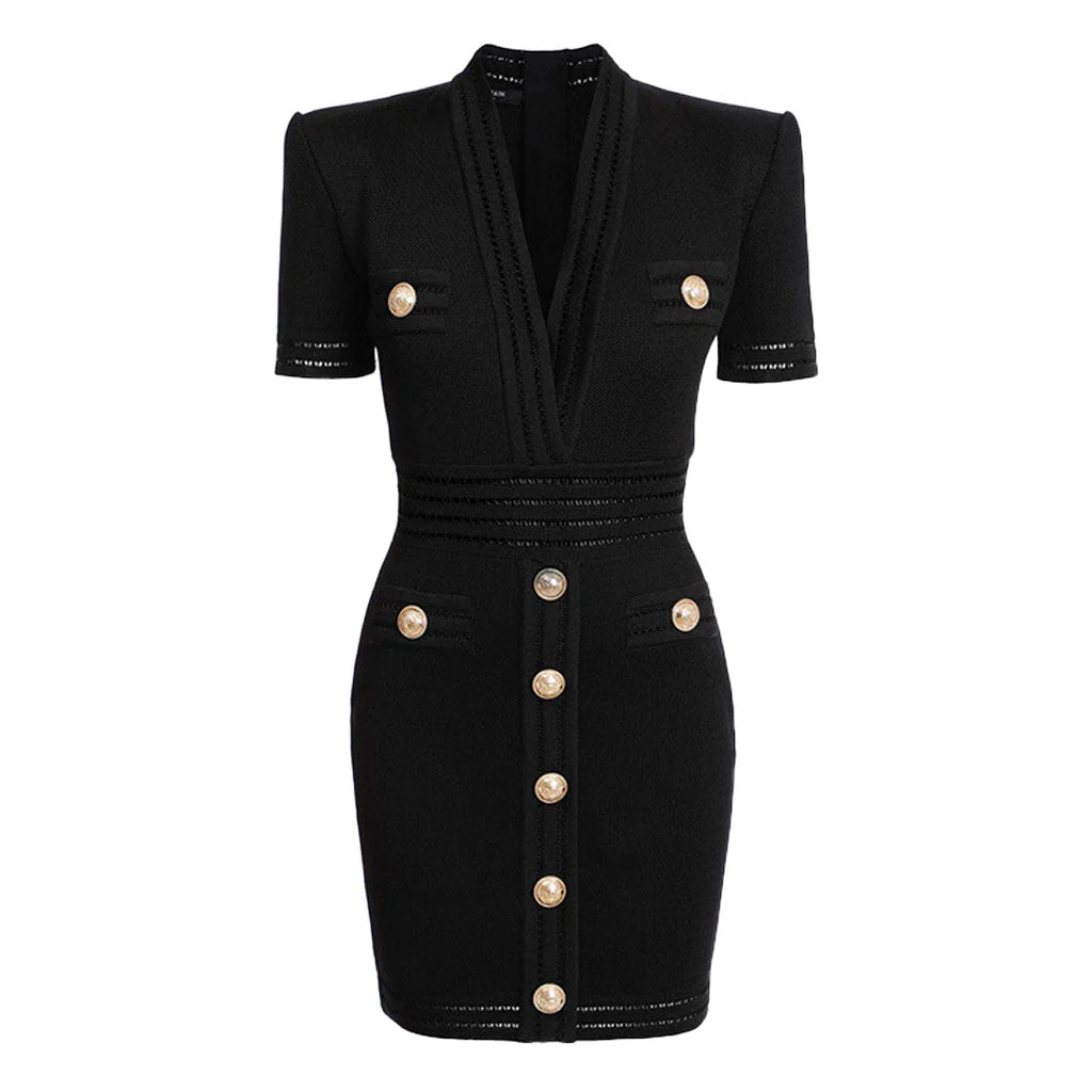 Chic Embossed Button Deep V Shoulder Pad Short Sleeve Textured Knit Mini Dress - Image 3