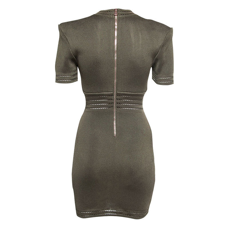 Chic Embossed Button Deep V Shoulder Pad Short Sleeve Textured Knit Mini Dress - Image 4