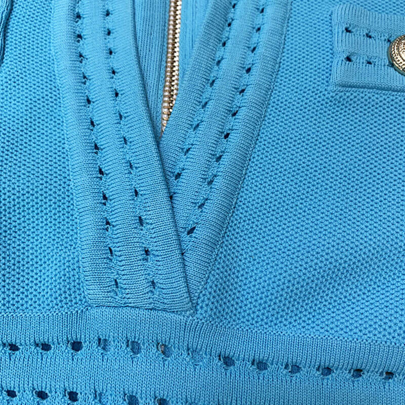 Chic Embossed Button Deep V Shoulder Pad Short Sleeve Textured Knit Mini Dress - Image 5