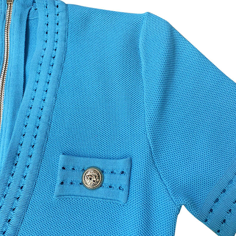 Chic Embossed Button Deep V Shoulder Pad Short Sleeve Textured Knit Mini Dress - Image 6