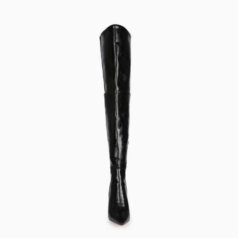 Chic Faux Leather Over Knee Pointed Toe Block Heel Boots - Black - Image 2