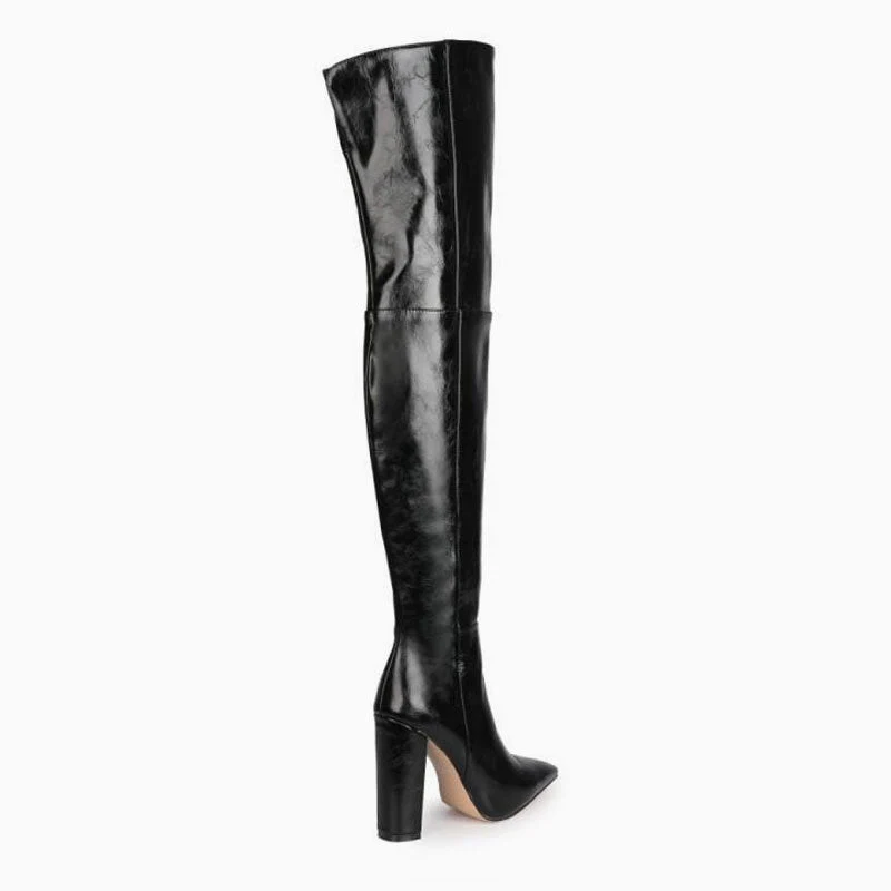 Chic Faux Leather Over Knee Pointed Toe Block Heel Boots - Black - Image 3