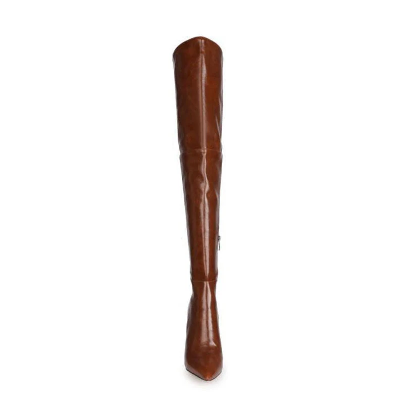 Chic Faux Leather Over Knee Pointed Toe Block Heel Boots - Brown - Image 3