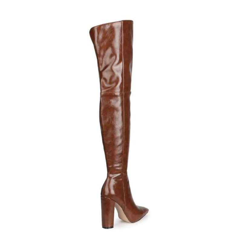 Chic Faux Leather Over Knee Pointed Toe Block Heel Boots - Brown - Image 4