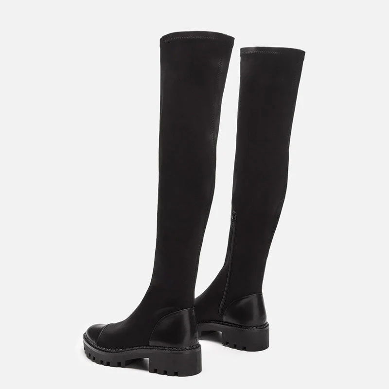 Chic Faux Leather Panel Trim Lug Sole Over The Knee Boots - Black - Image 2