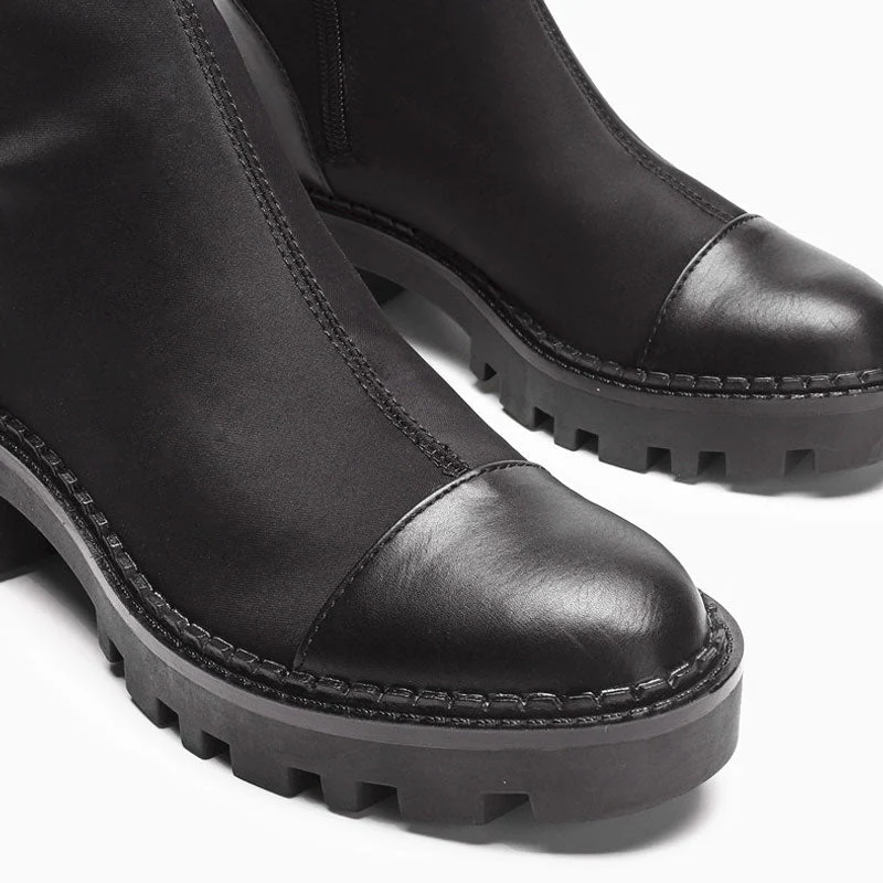Chic Faux Leather Panel Trim Lug Sole Over The Knee Boots - Black - Image 3