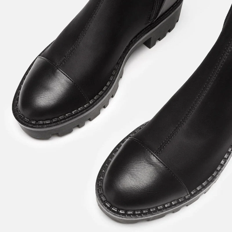 Chic Faux Leather Panel Trim Lug Sole Over The Knee Boots - Black - Image 4