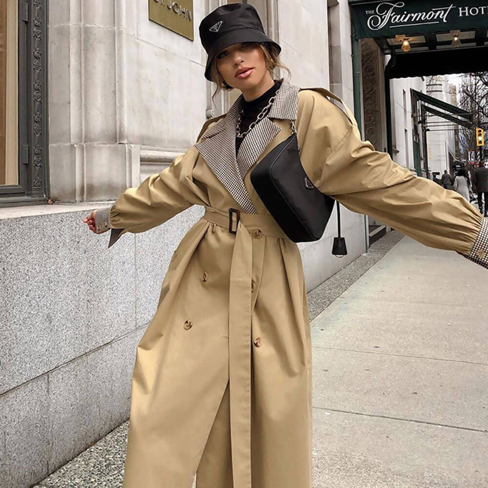 Chic Gingham Print Belted Long Sleeve Double Breasted Trench Coat - Khaki - Image 2