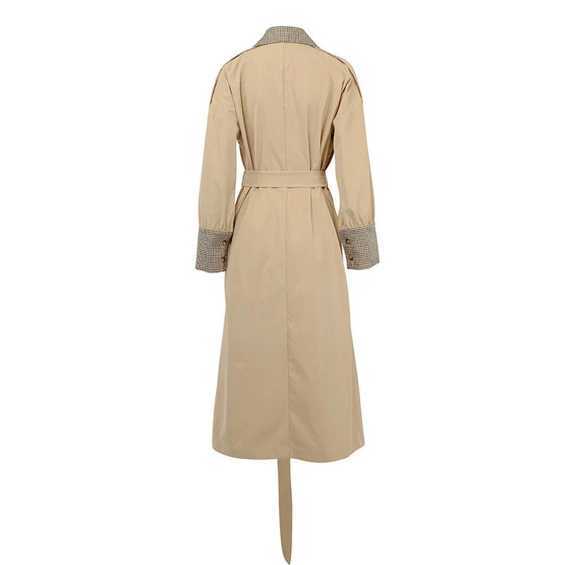 Chic Gingham Print Belted Long Sleeve Double Breasted Trench Coat - Khaki - Image 5
