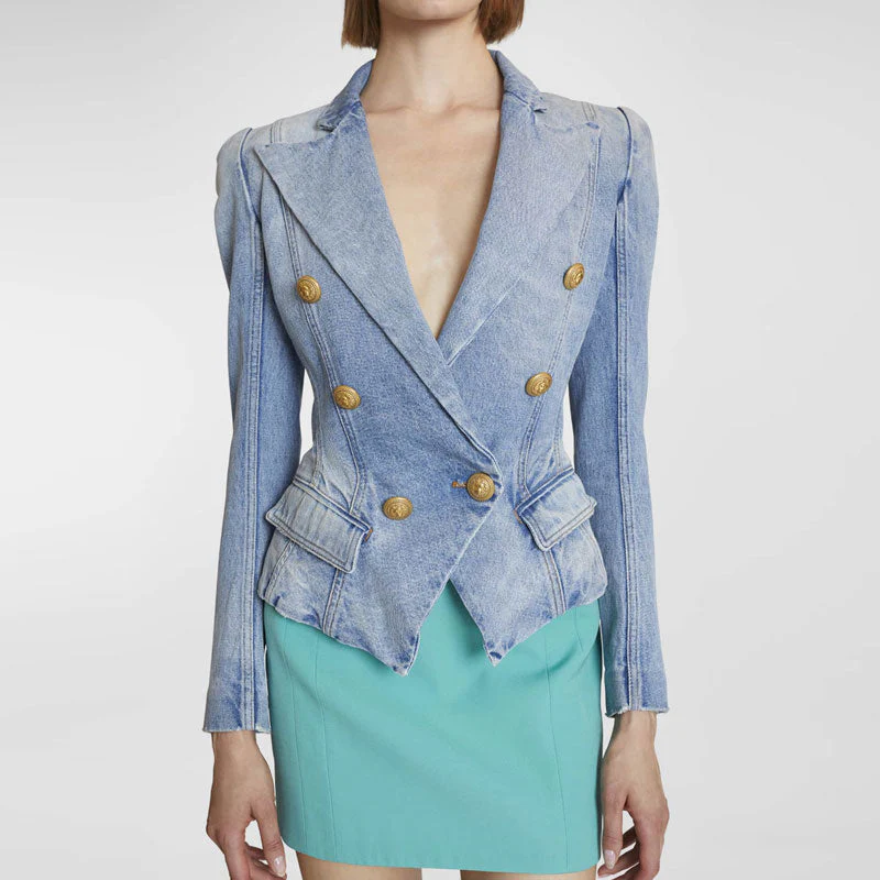 Chic Gold Button Peak Lapel Double Breasted Tailored Denim Blazer - Light Blue - Image 2