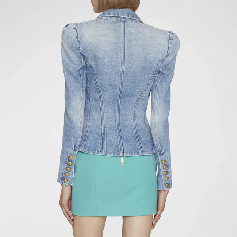Chic Gold Button Peak Lapel Double Breasted Tailored Denim Blazer - Light Blue - Image 3
