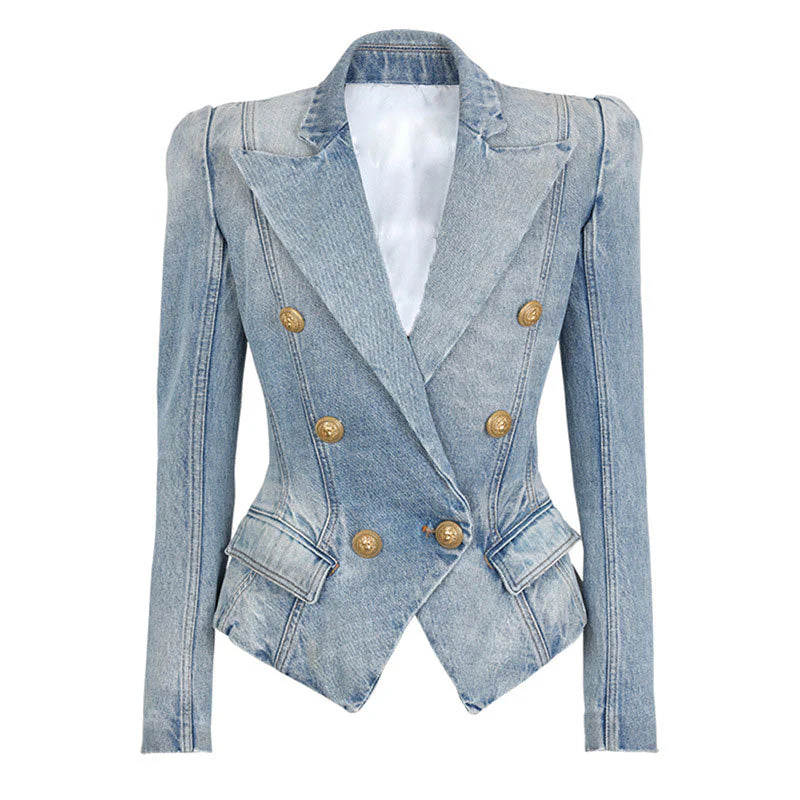 Chic Gold Button Peak Lapel Double Breasted Tailored Denim Blazer - Light Blue - Image 4