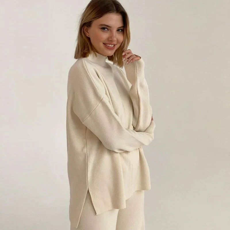Chic High Neck Rib Knit Pullover Sweater Wide Leg Pants Matching Set - Beige - Image 3