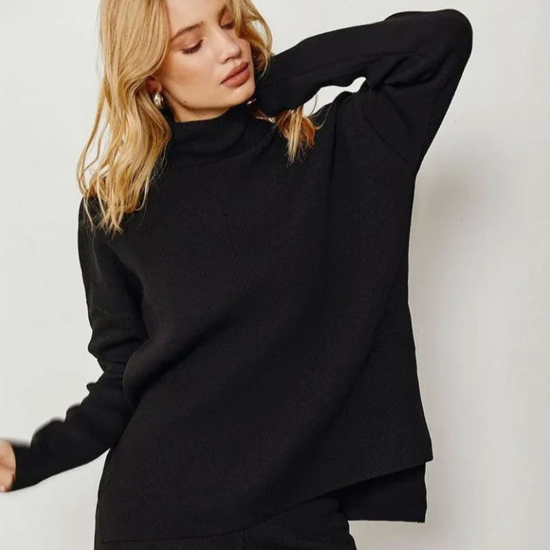 Chic High Neck Rib Knit Pullover Sweater Wide Leg Pants Matching Set - Black - Image 3