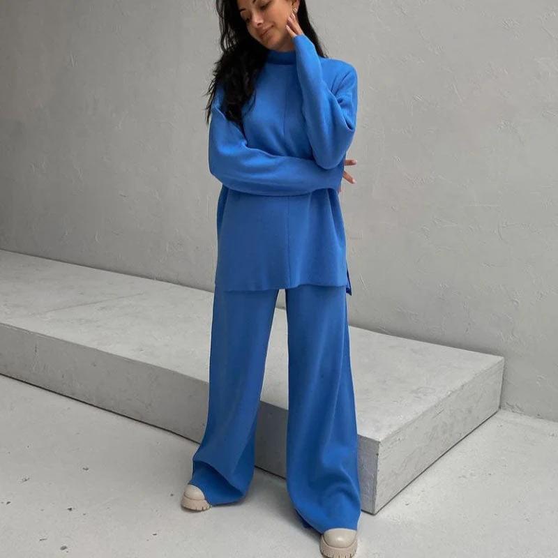 Chic High Neck Rib Knit Pullover Sweater Wide Leg Pants Matching Set - Blue - Image 2