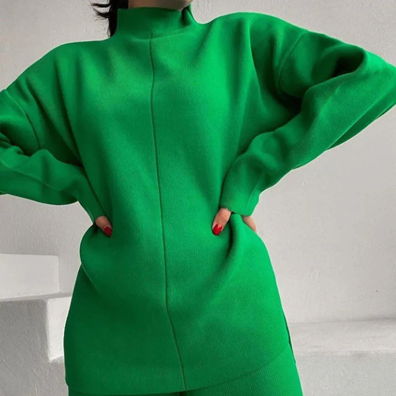 Chic High Neck Rib Knit Pullover Sweater Wide Leg Pants Matching Set - Green - Image 3