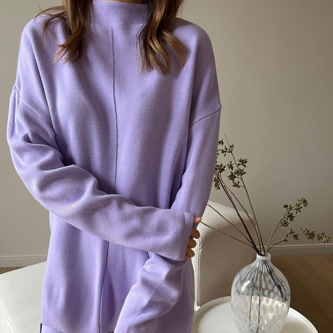 Chic High Neck Rib Knit Pullover Sweater Wide Leg Pants Matching Set - Purple - Image 3
