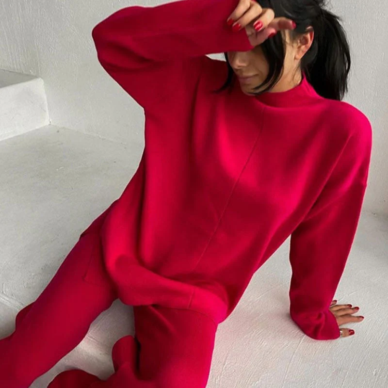 Chic High Neck Rib Knit Pullover Sweater Wide Leg Pants Matching Set - Red - Image 3