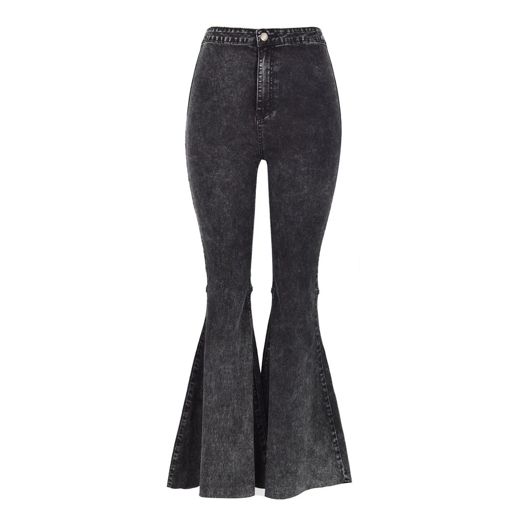 Chic High Waist Frayed Flare Hem Skinny Bell Jeans - Gray - Image 4