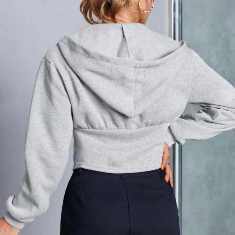 Chic Hook and Eye Detail Drop Shoulder Long Sleeve Deep V Cropped Hoodie - Gray - Image 3