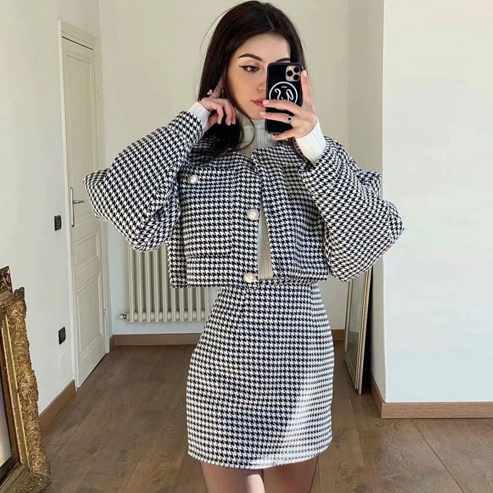 Chic Houndstooth Cropped Quilted Jacket Bodycon Mini Skirt Matching Set - Black - Image 2