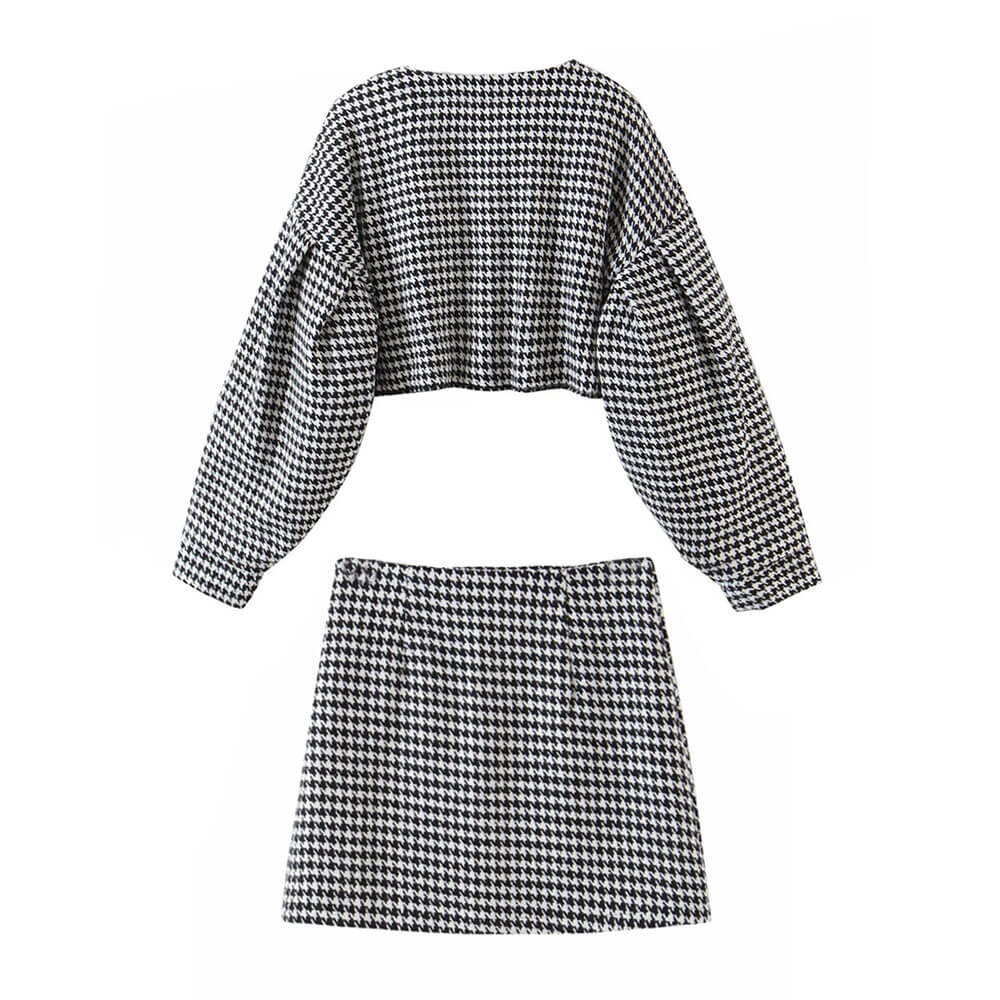 Chic Houndstooth Cropped Quilted Jacket Bodycon Mini Skirt Matching Set - Black - Image 4