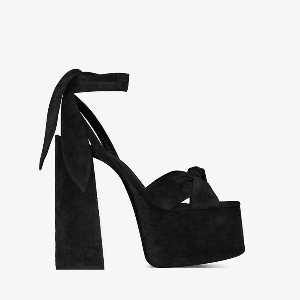 Chic Knot Suede Open Toe Ankle Tie Block Heel Platform Sandals - Black - Image 2