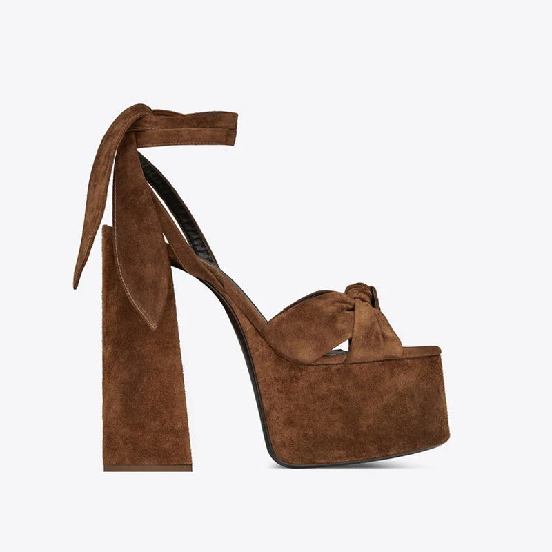 Chic Knot Suede Open Toe Ankle Tie Block Heel Platform Sandals - Brown - Image 3
