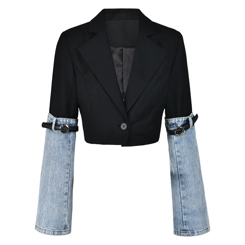 Chic Lapel Collar Belted Long Sleeve Single Breasted Cropped Hybrid Denim Blazer - Image 5