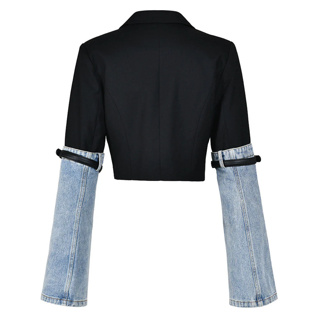 Chic Lapel Collar Belted Long Sleeve Single Breasted Cropped Hybrid Denim Blazer - Image 6