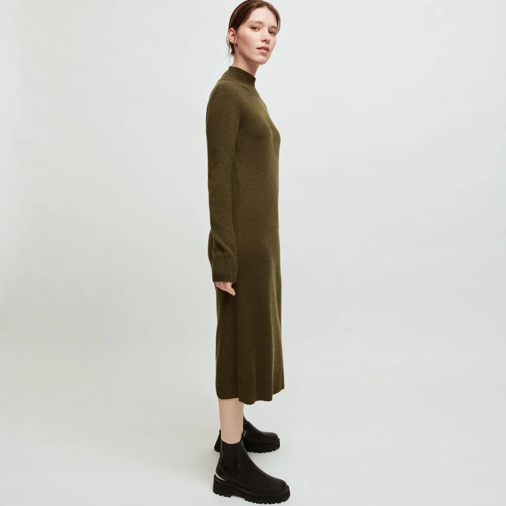 Chic Long Sleeve Button Trim High Neck Midi Sweater Dress - Army Green - Image 2