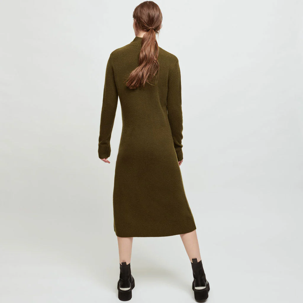 Chic Long Sleeve Button Trim High Neck Midi Sweater Dress - Army Green - Image 3