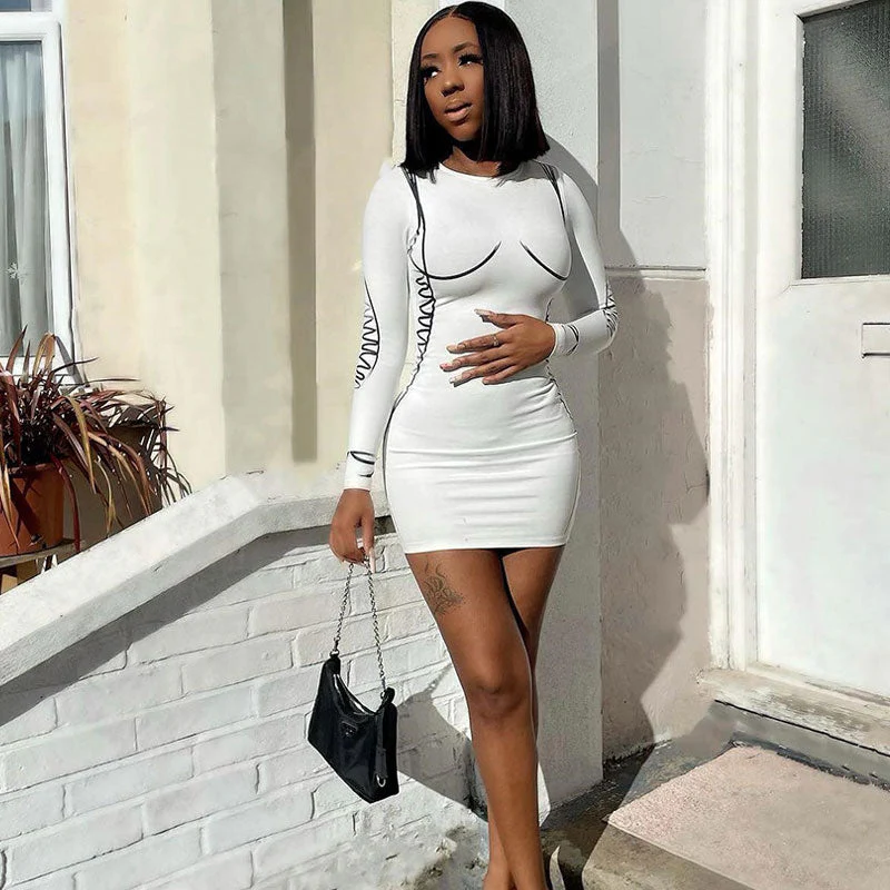 Chic Long Sleeve Contour Drawn Print Bodycon Mini Dress - White - Image 3
