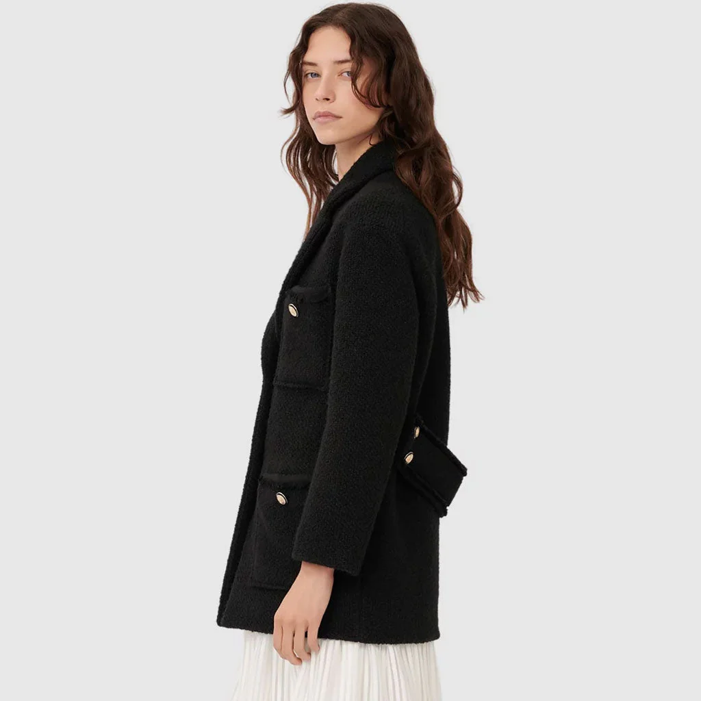 Chic Long Sleeve Pocket Front Lapel Collar Tweed Coat - Black - Image 2