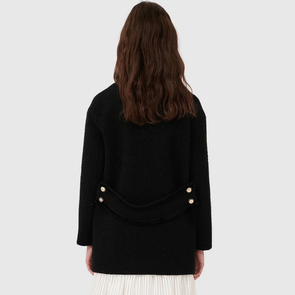 Chic Long Sleeve Pocket Front Lapel Collar Tweed Coat - Black - Image 3