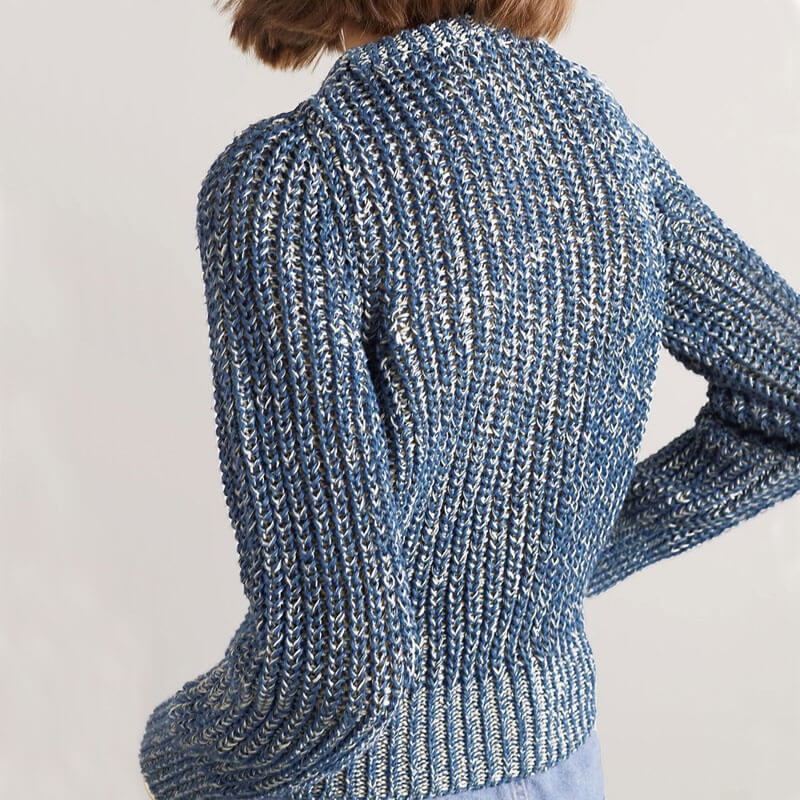 Chic Metal Chain Embellished Distressed Front Marled Knit Pullover Sweater - Blue - Image 2